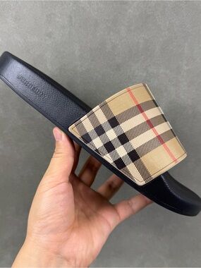 Burberry Black Slide Sandal with Beige Vintage Check Strap